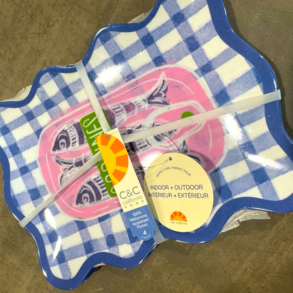 Set of 4 melamine plates by C&C CALIFORNIA- each w a different “sardine” design!